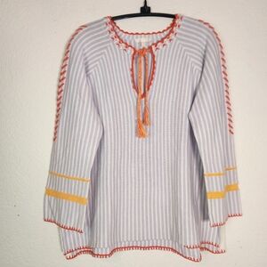 Lisa Todd Blue and White Striped Blouse with Orange Details, Size M